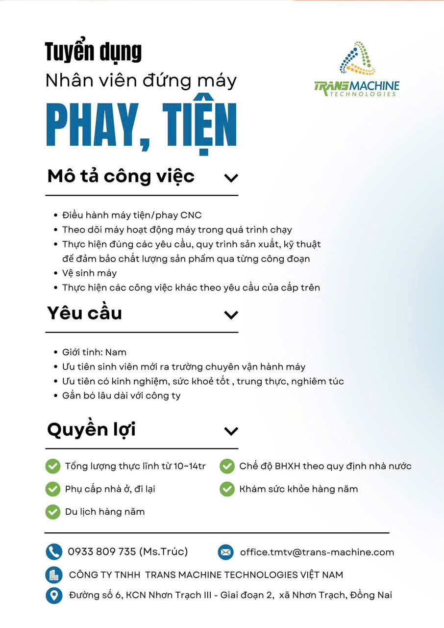 Công ty TRANS MACHINE TECHNOLOGIES tuyển dụng